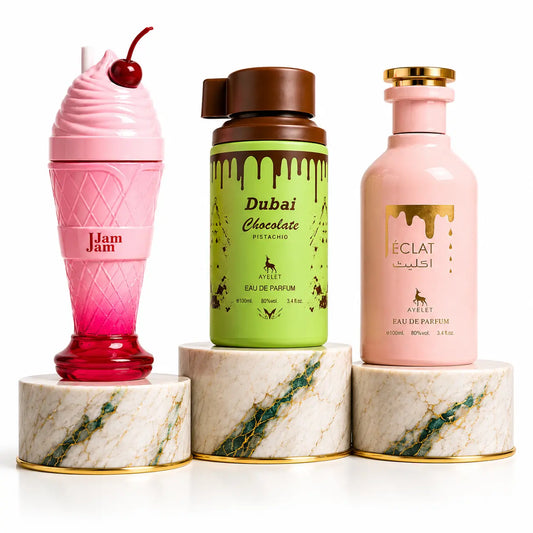 Set 3 parfumuri de damă Jam Jam Eclat și Dubai Chocolate Pistachio cu note de cireșe, caramel, vanilie și ciocolată
