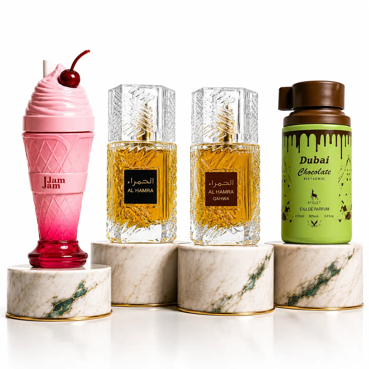 Set 4 parfumuri premium Al Hamra Royal Al Hamra Qahwa Jam Jam și Dubai Chocolate Pistachio cu note de cafea vanilie praline și ciocolată